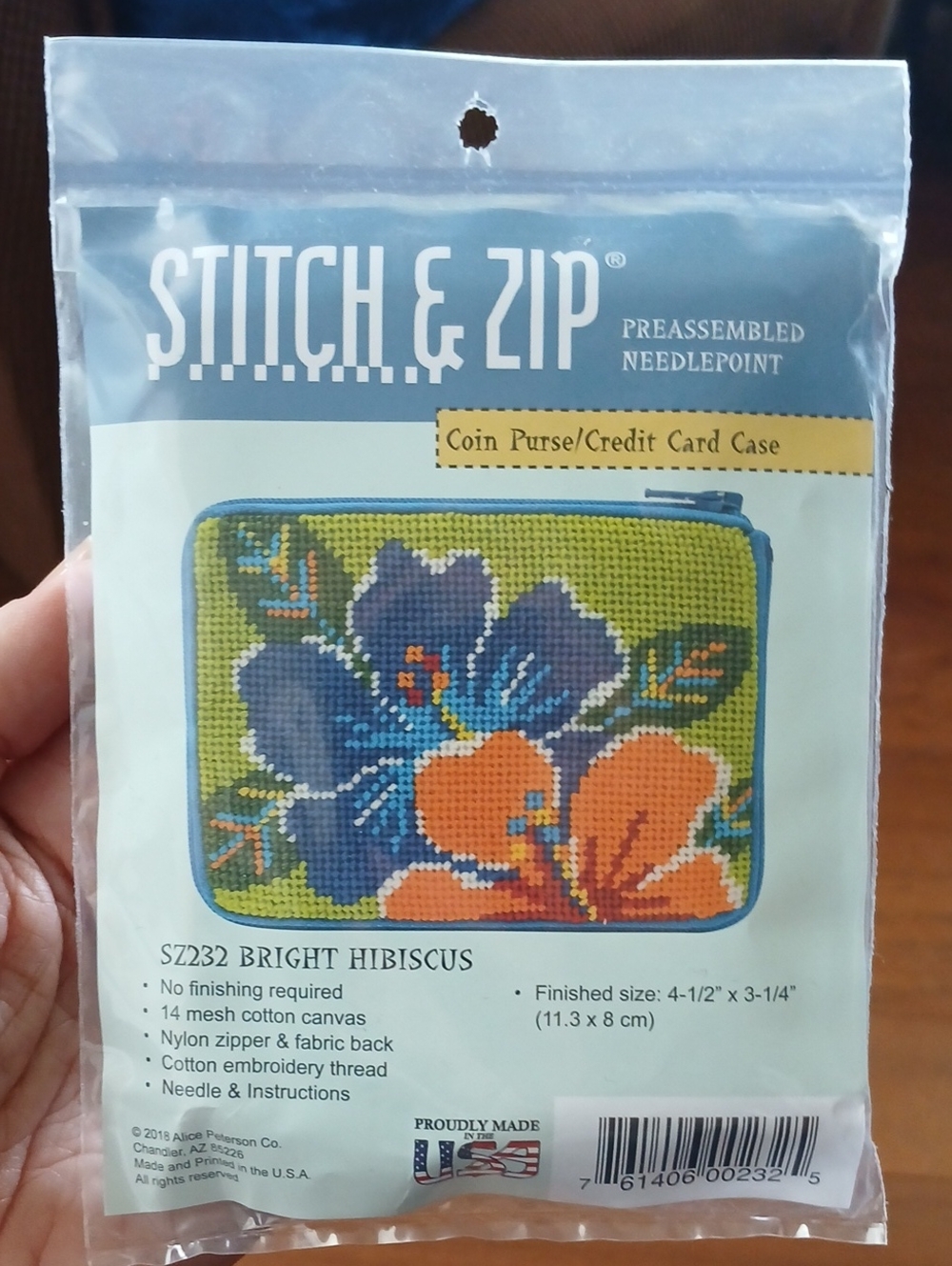 STITCH & ZIP Bright Hibiscus Coin Purse Needlepoint Kit - Green, Blue, Orange